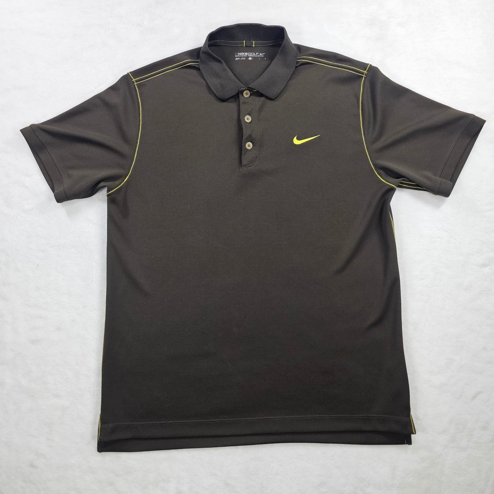 Nike Golf Dri-FIT Polo Shirt Mens Large Black Neon Yellow Stitching 400434-200